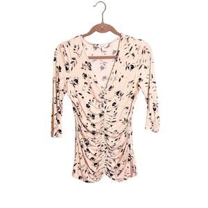 Candie's Women's Pink Floral V-Neck 3/4 Sleeve Cinched Front Blouse Shirt Large